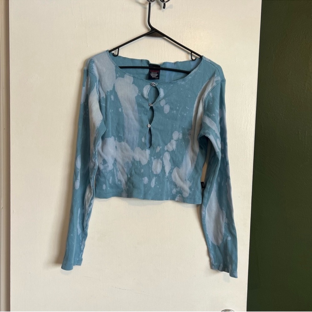 Tommy Hilfiger Light Blue and White Tie-Dye Crop Long Sleeve Top